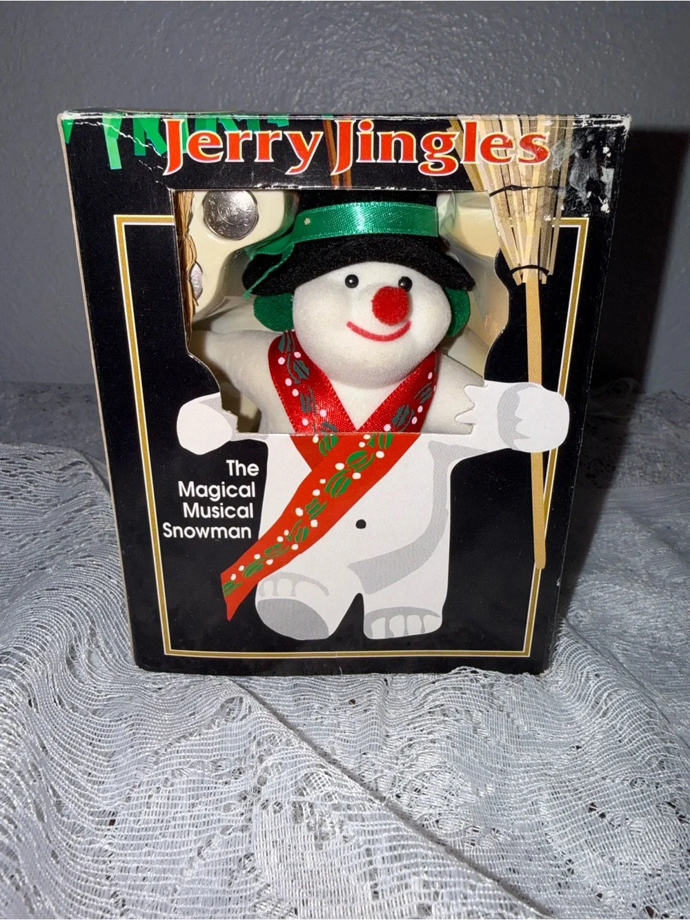 Vintage Jerry Jingle Musical Snowman – White with Red & Green Accents